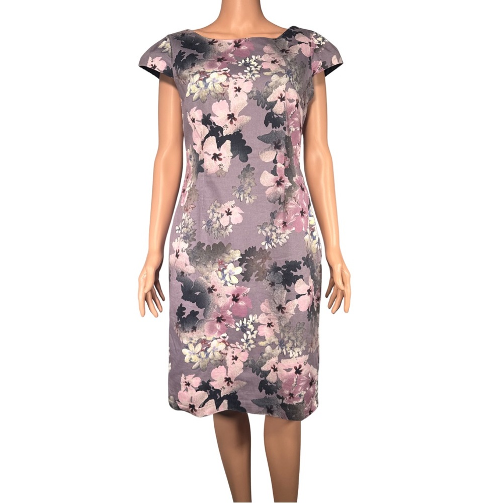 Monsoon Floral Sheath Dress Purple Metallic Cap Sleeve Knee Length Size 8